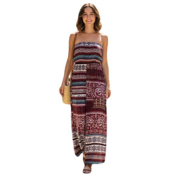 ARDENE Boho Strapless Maxi Tube Dress Sz L Wine Blue White Festival Tribal Aztec - Picture 2 of 9